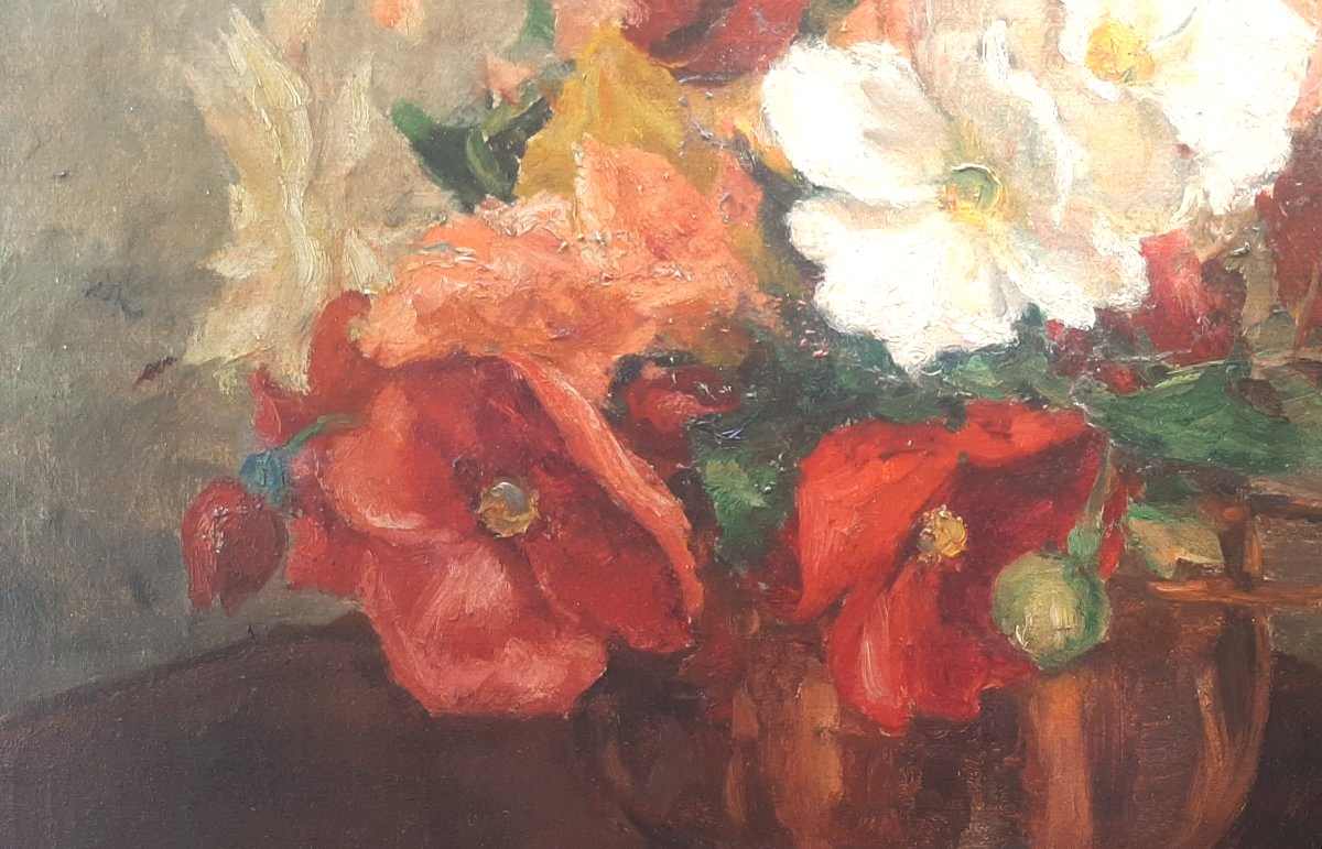 Painting Bouquet Of Flowers Early XX° Century- Oil On Canvas-photo-3
