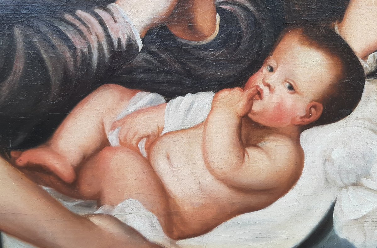Tableau nativité d'après Le Titien - Huile sur toile du XIX ème siècle-photo-3