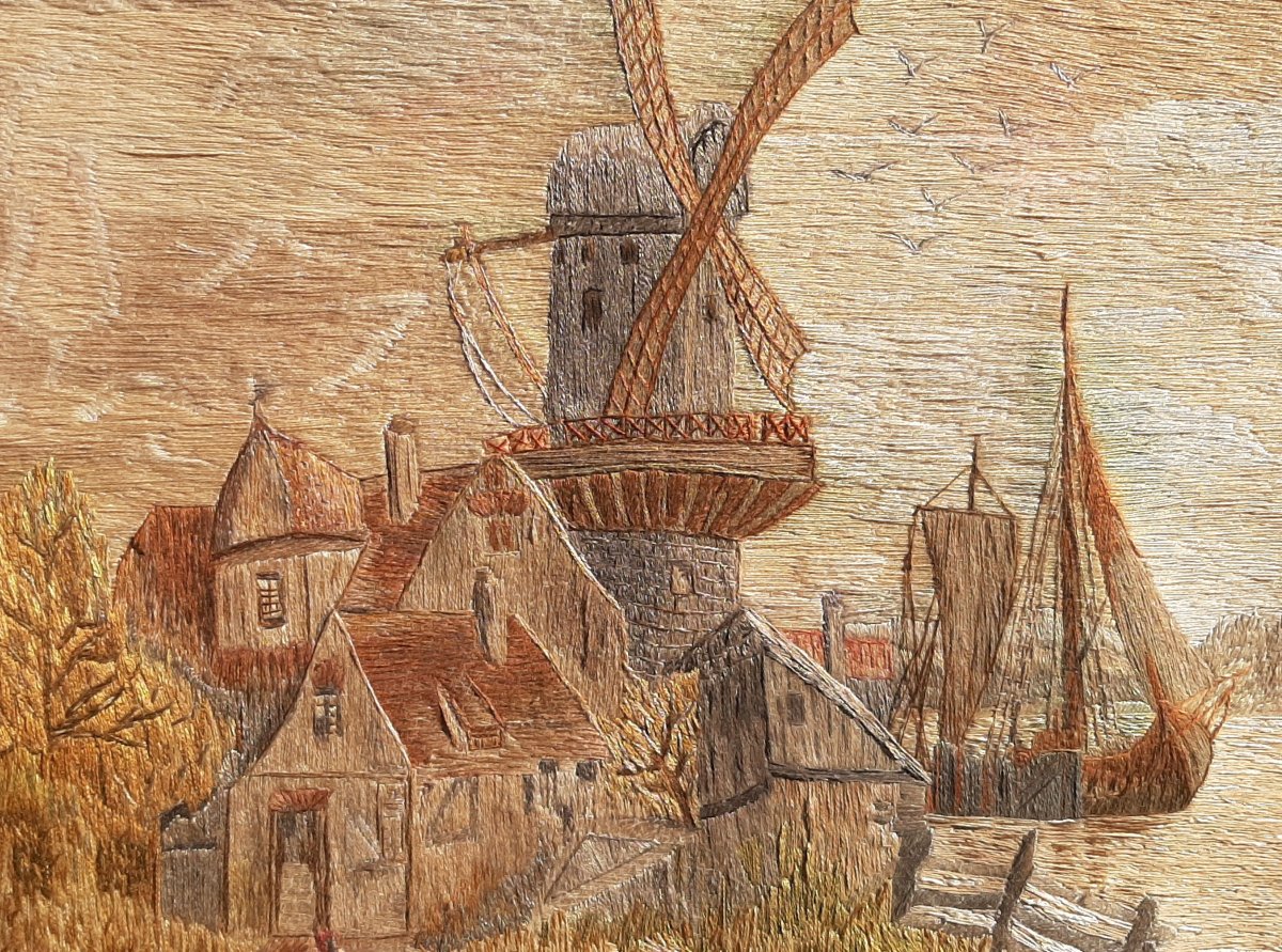 19th-century Flemish Landscape Painting Woven From Silk Thread-photo-3
