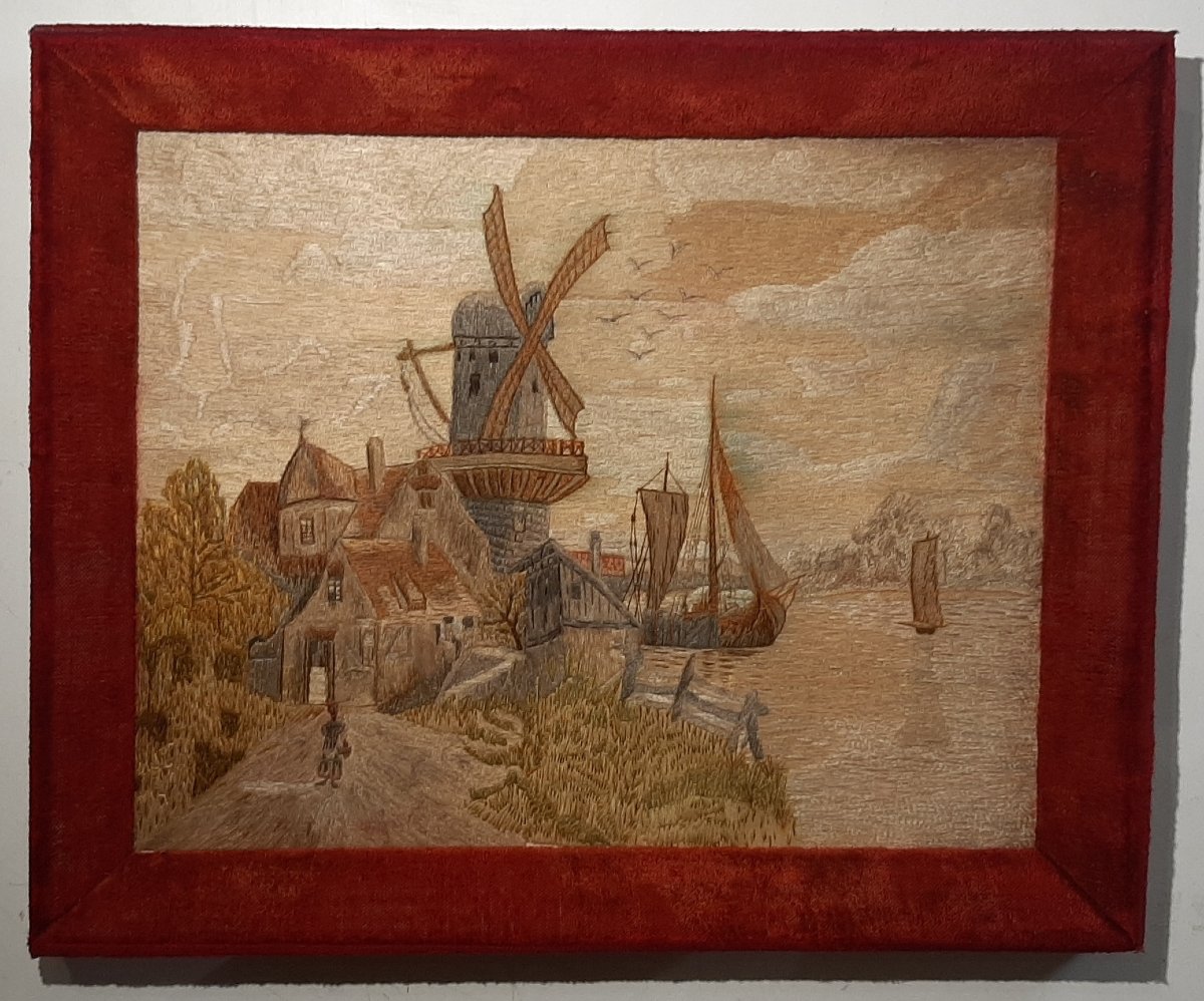 19th-century Flemish Landscape Painting Woven From Silk Thread