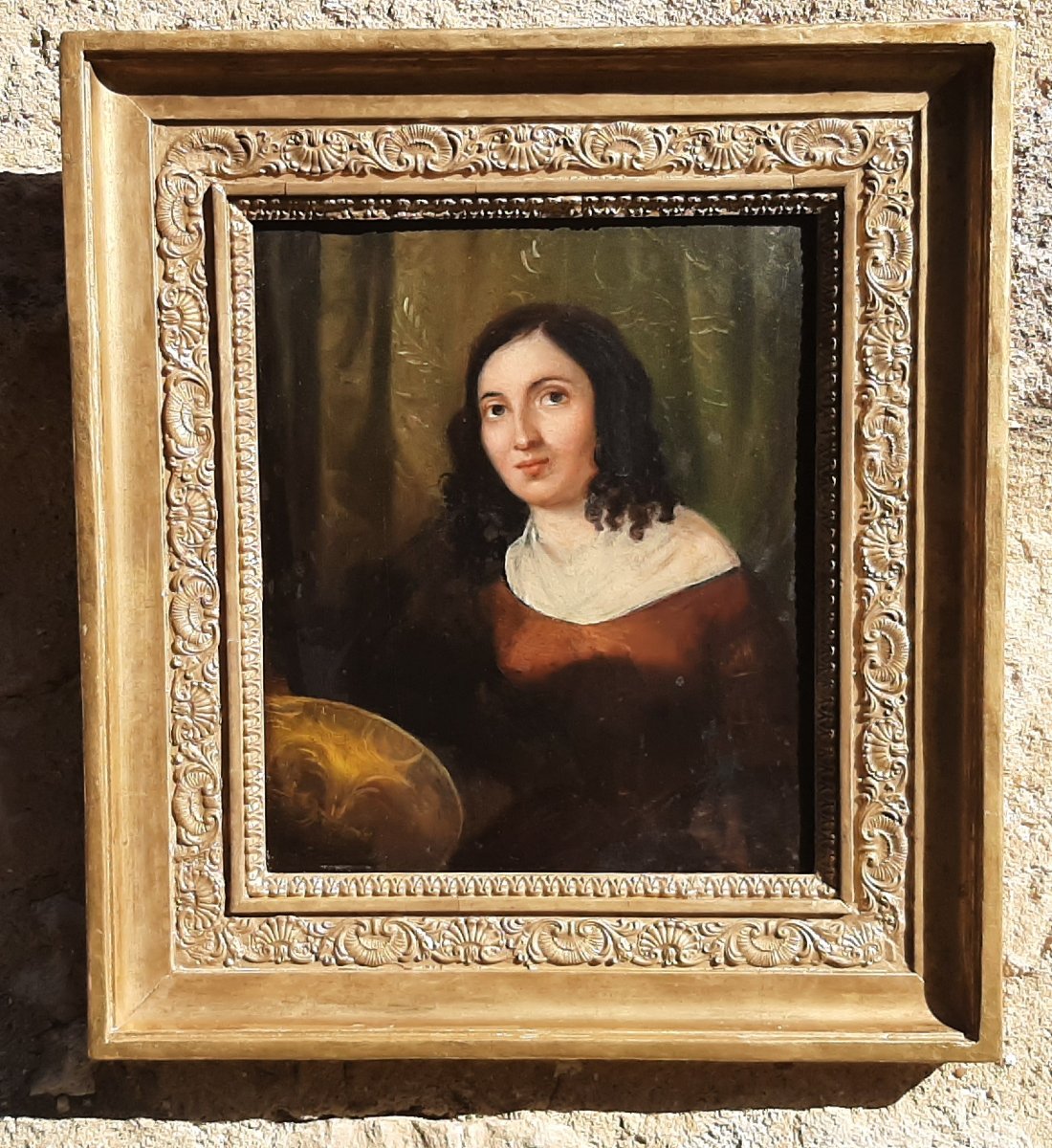 Tableau portrait de femme sur métal époque romantique vers 1840