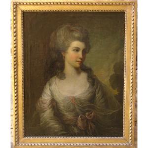 Portrait Of A Woman Late 18th Century, English School, Oil On Canvas In Its Golden Wood Frame