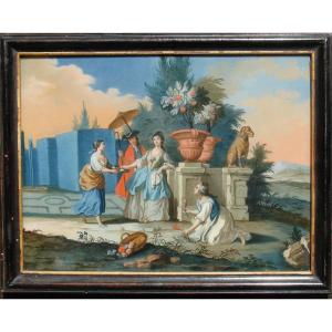 18th Century Painting, Gallant Scene, Under Glass Painting