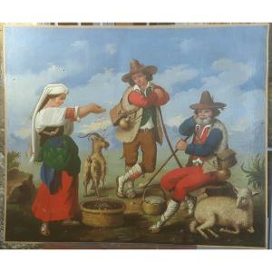 Painting - Italian Peasants - Oil On Canvas XIX Century