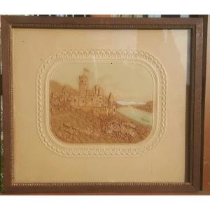 Pair Of Carved Cork Paintings - Views Of A Town And A Castle On The Bank Of A River
