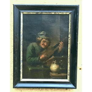 Tableau sc&egrave;ne d'auberge avec un guitariste dans le style de David Teniers d'&eacute;poque XIX &egrave;me