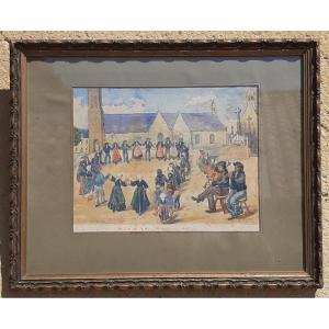 Watercolor Painting Breton Feast XXth Century Signed B.leconte 1926