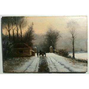 Tableau paysage d'hiver- Charrette sous la neige fin XIX°siècle signé