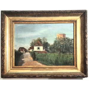 Tableau paysage - Personnage sur un chemin à l'entrée d'un village vers 1900
