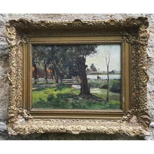 Tableau paysage impressioniste - Bord de lac avec pêcheur- Fin XIX° siècle