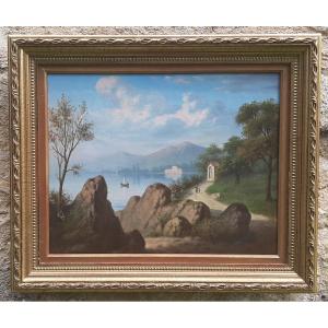19th Century Lakeside Landscape Painting Signed F.julio