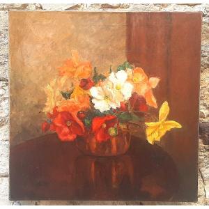 Painting Bouquet Of Flowers Early XX° Century- Oil On Canvas