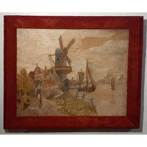 Tableau paysage flamand tissé en fil de soie XIX° siècle