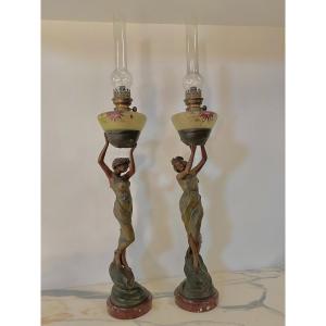 Large Pair Of Oil Lamps