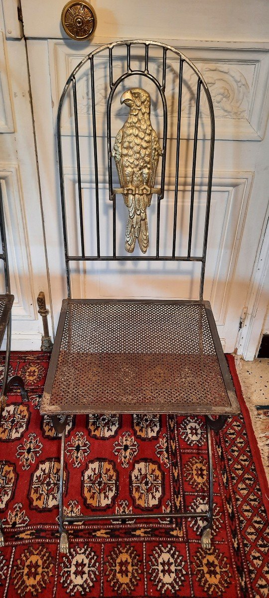 Paire De Chaises Au Perroquet Fer Forgé Et Bronze-photo-3