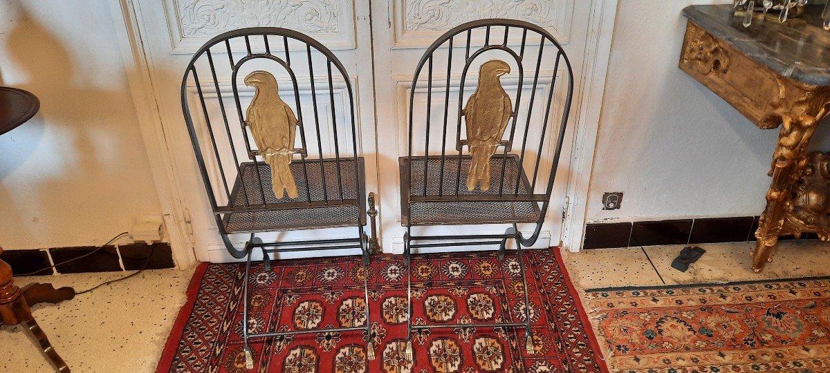 Paire De Chaises Au Perroquet Fer Forgé Et Bronze-photo-1
