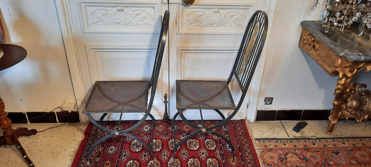 Paire De Chaises Au Perroquet Fer Forgé Et Bronze-photo-2