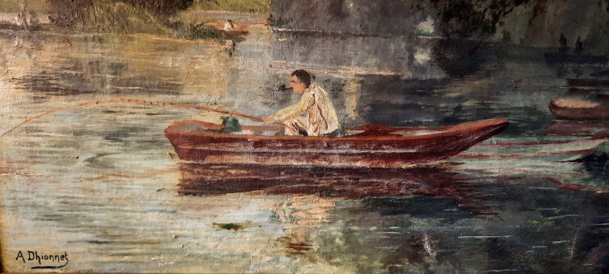 Oil On Canvas "fisherman In River" A.dhionnet-photo-3