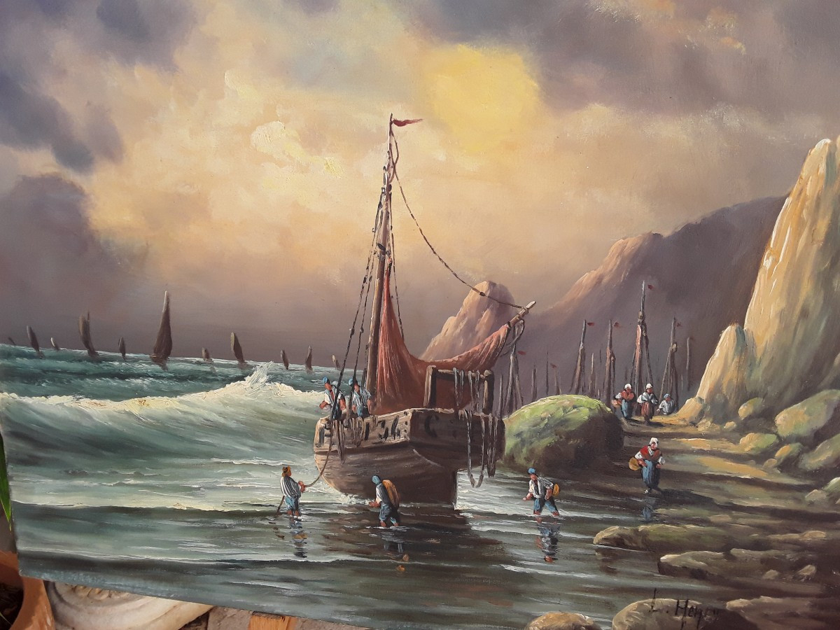 Oil On Canvas "return From Fishing" By Lucien Félix Henry-photo-2