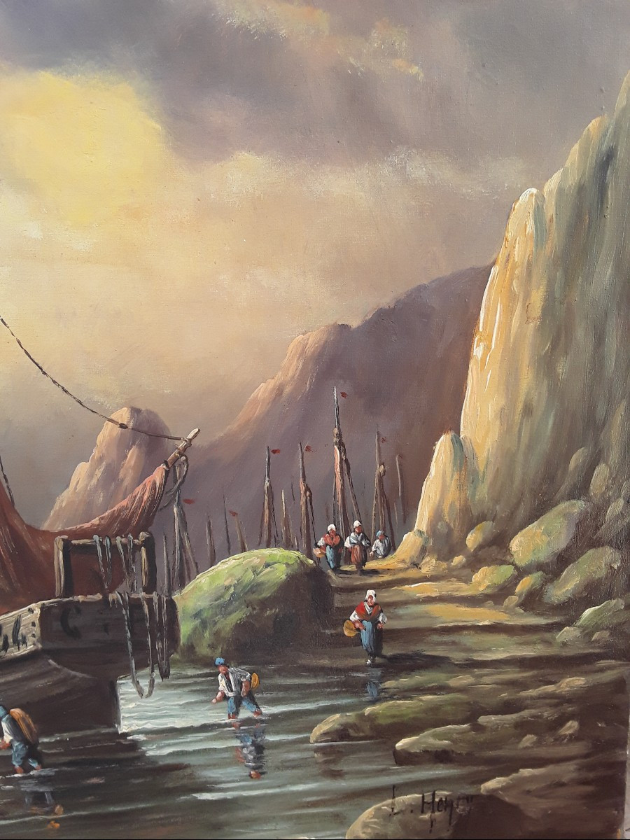  Oil On Canvas "return From Fishing" By Lucien Félix Henry-photo-3