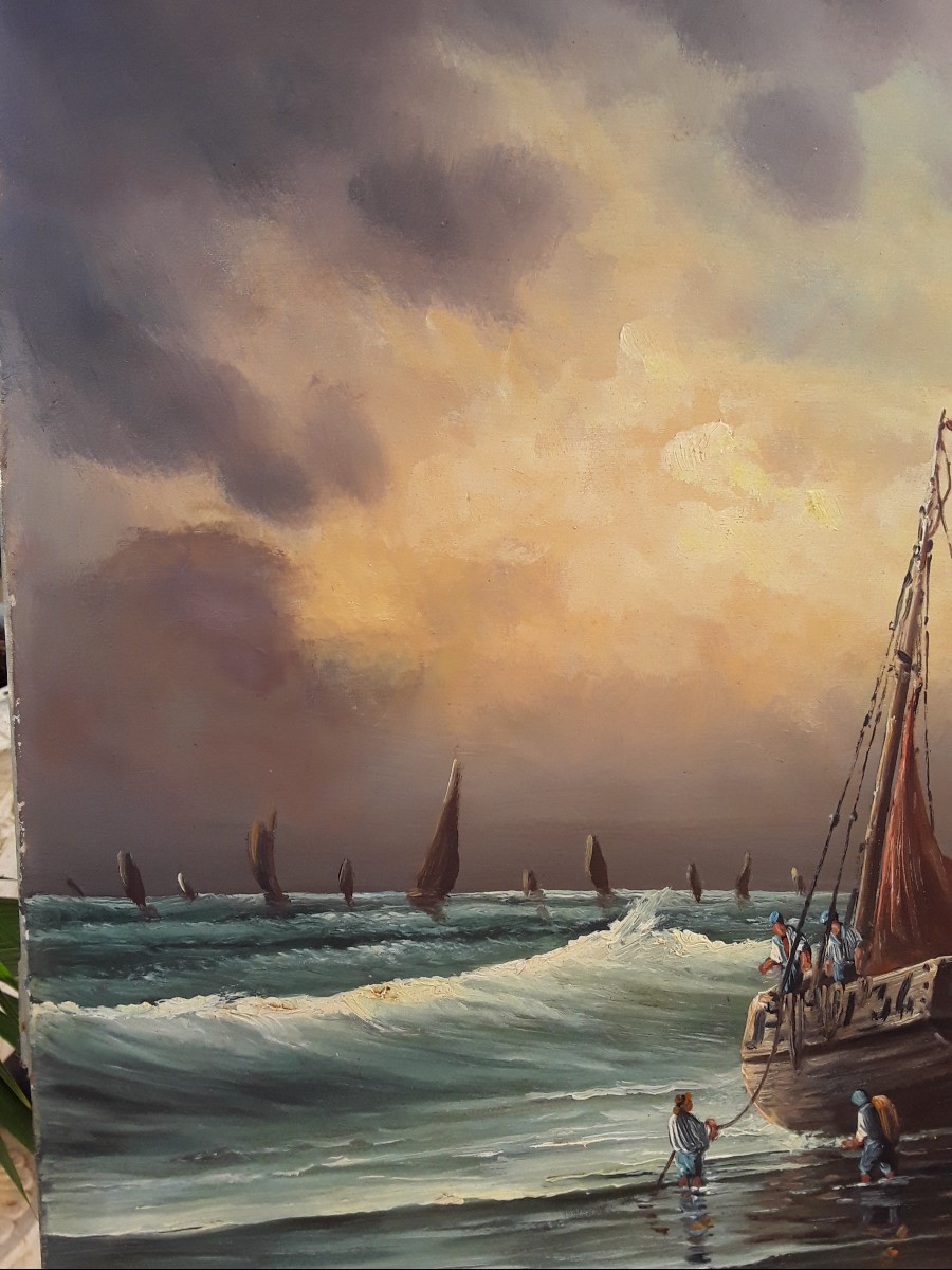  Oil On Canvas "return From Fishing" By Lucien Félix Henry-photo-4
