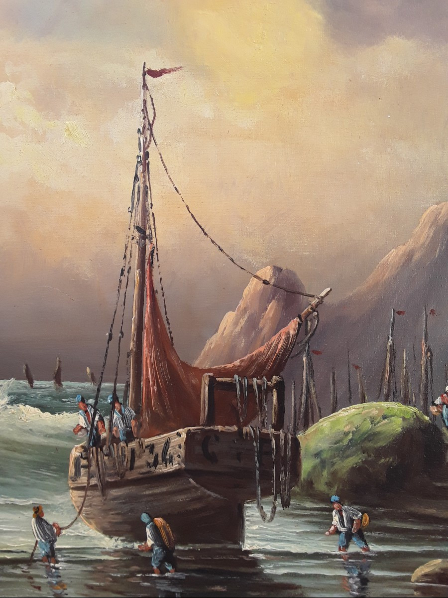  Oil On Canvas "return From Fishing" By Lucien Félix Henry-photo-1