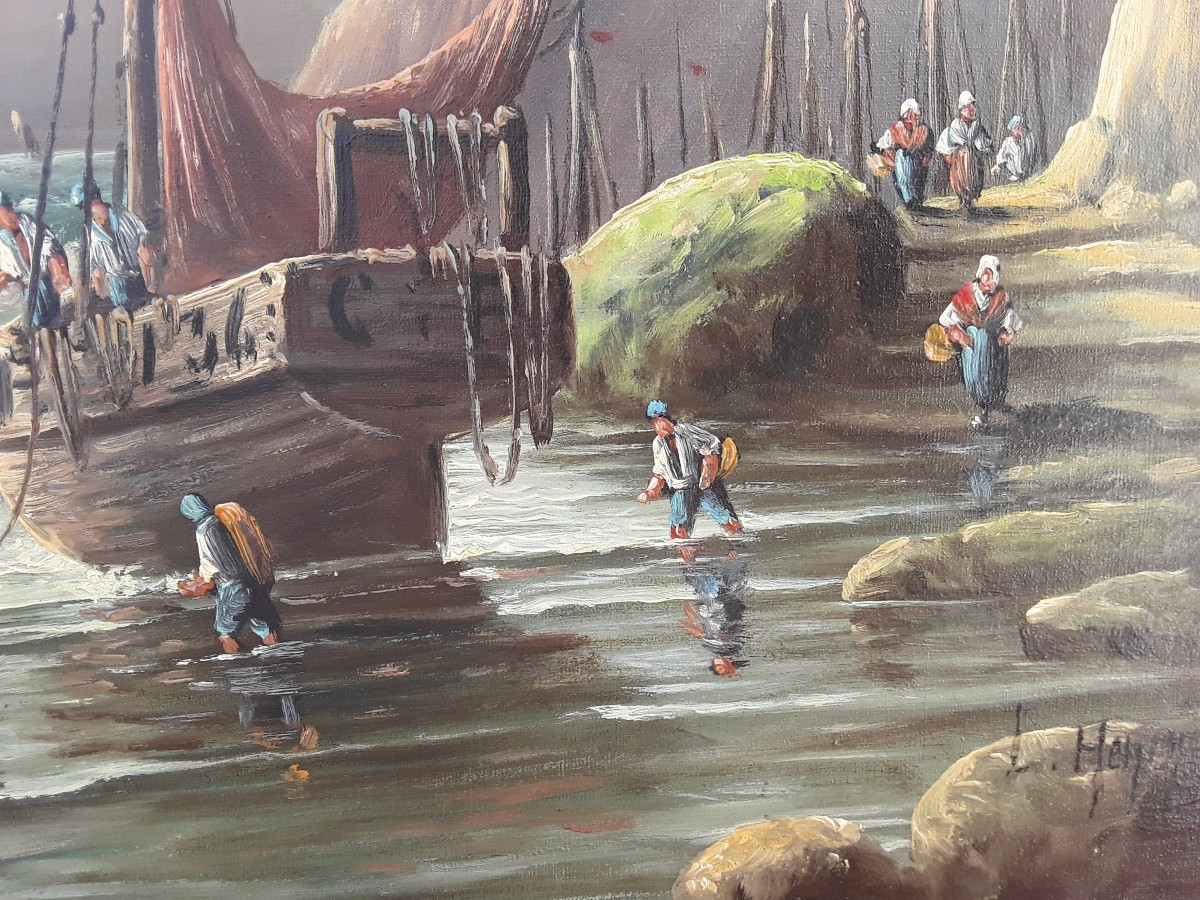  Oil On Canvas "return From Fishing" By Lucien Félix Henry-photo-2