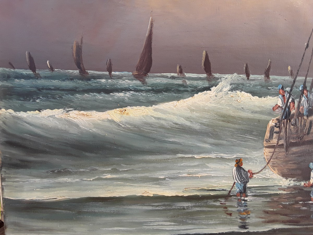  Oil On Canvas "return From Fishing" By Lucien Félix Henry-photo-3