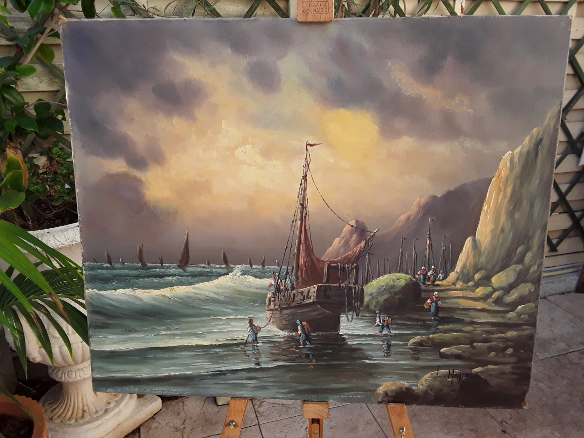  Oil On Canvas "return From Fishing" By Lucien Félix Henry-photo-5