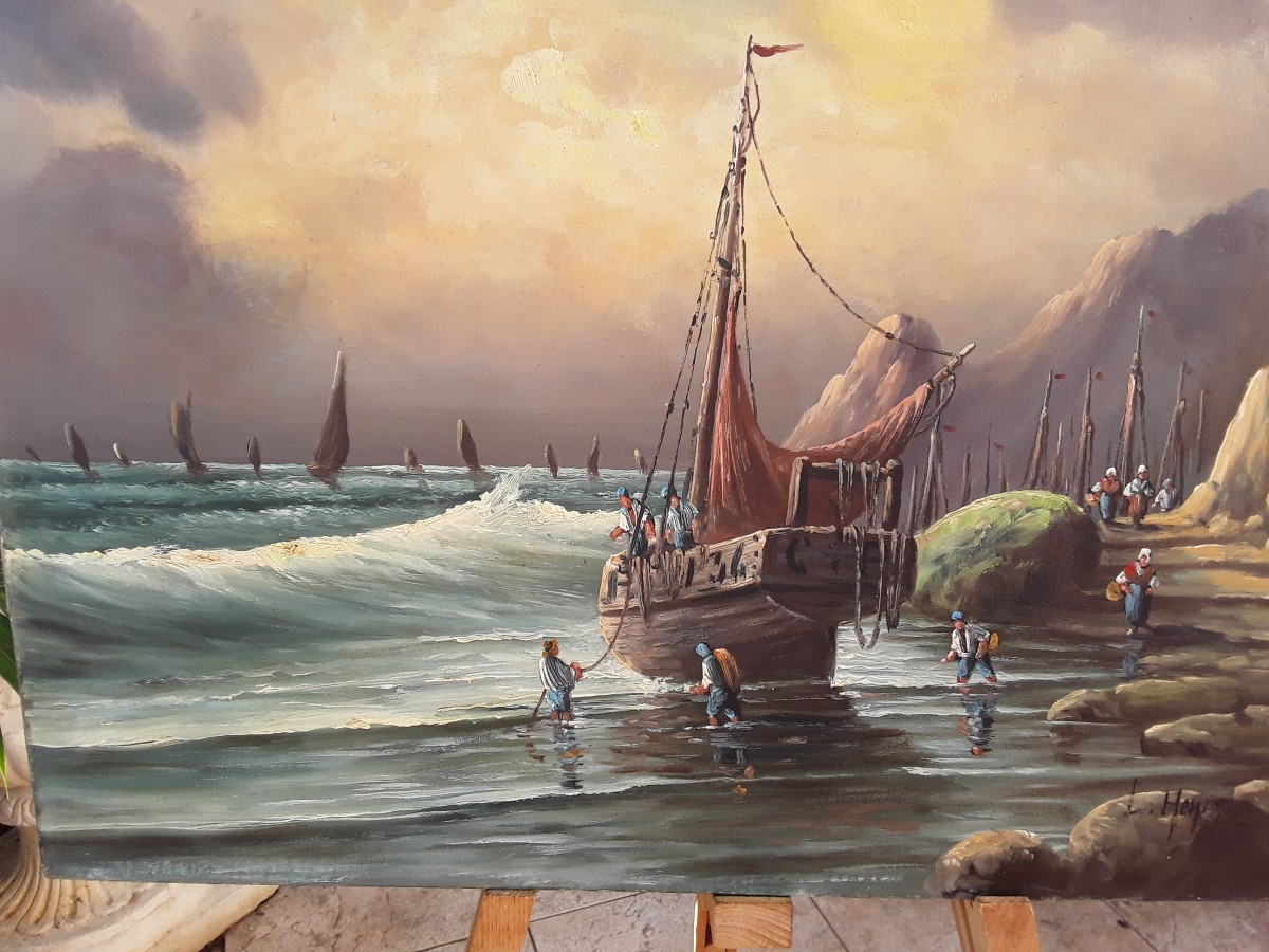 Oil On Canvas "return From Fishing" By Lucien Félix Henry
