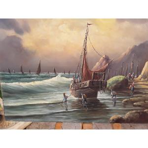  Oil On Canvas "return From Fishing" By Lucien Félix Henry