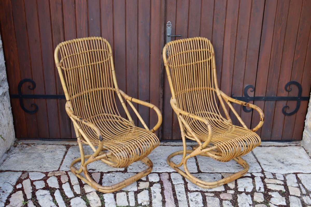 Pair Of Rattan Armchairs By Tito Agnoli-photo-2