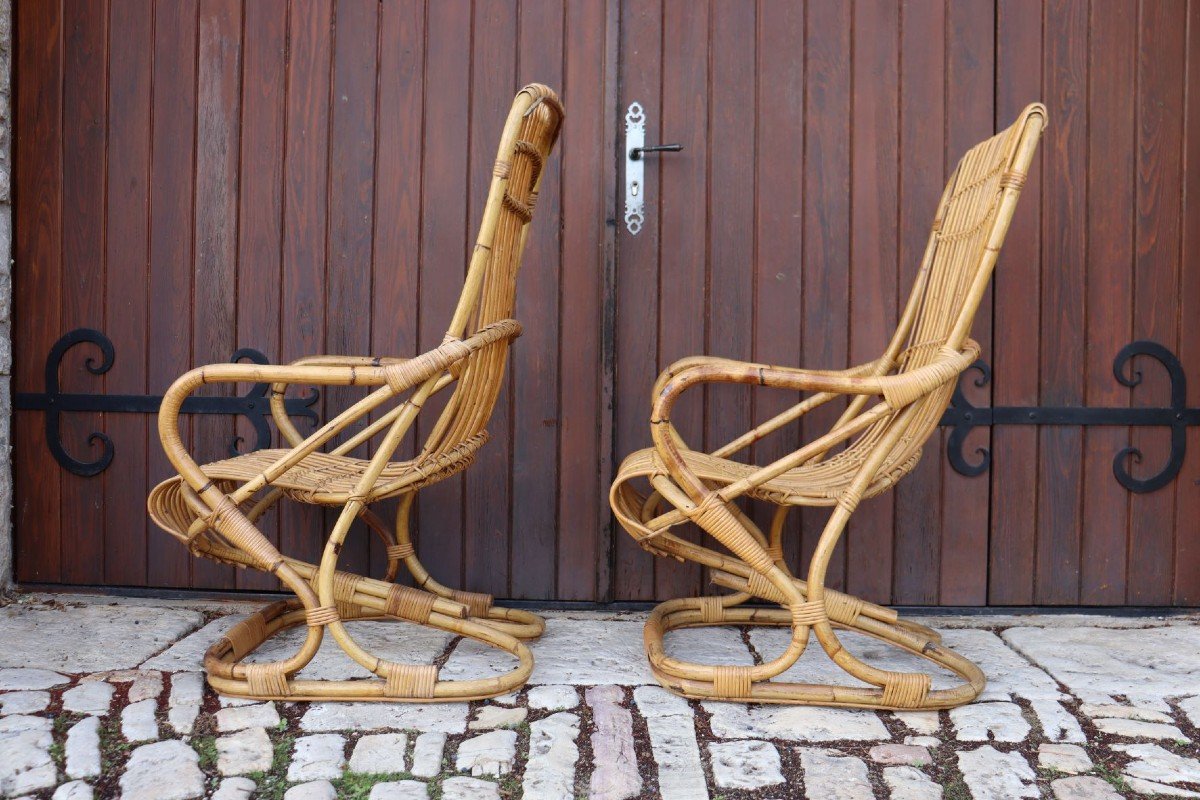 Pair Of Rattan Armchairs By Tito Agnoli-photo-4