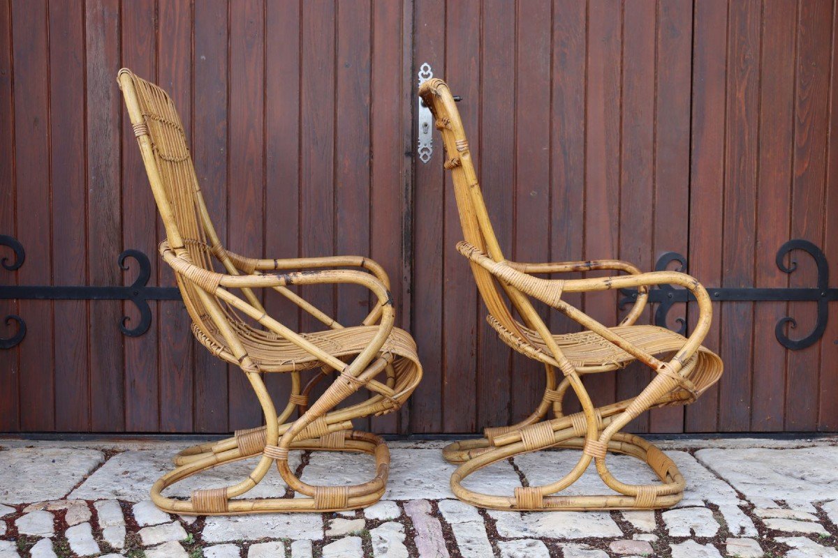 Pair Of Rattan Armchairs By Tito Agnoli-photo-3