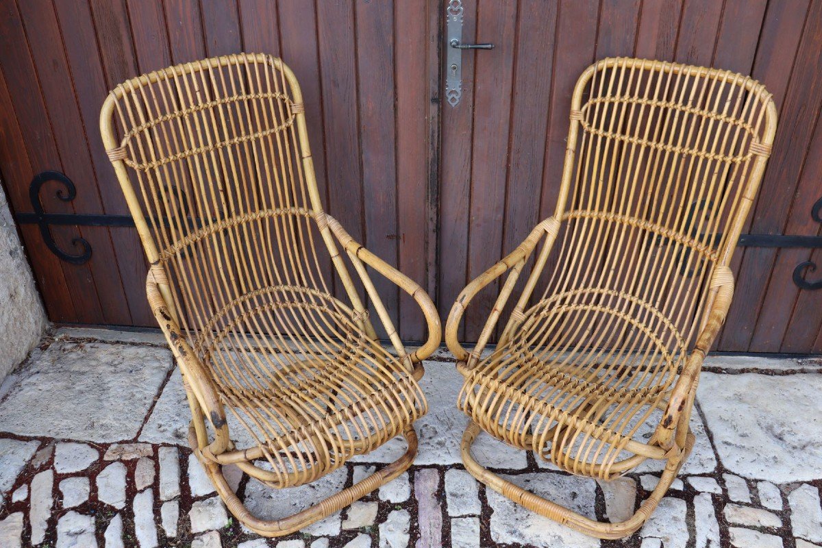 Pair Of Rattan Armchairs By Tito Agnoli-photo-4