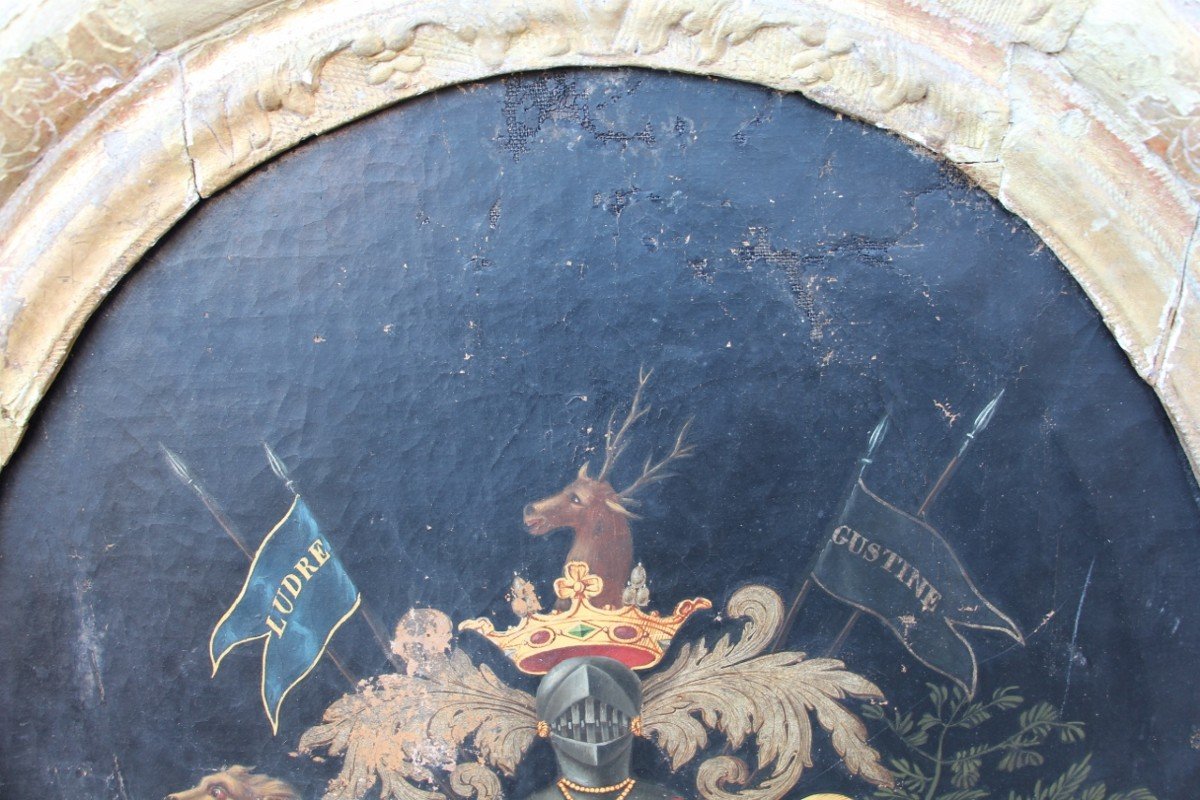 18th Century Oil On Canvas Coat Of Arms Of The Count Of Ludres And De Custine-photo-2