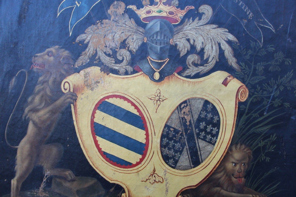 18th Century Oil On Canvas Coat Of Arms Of The Count Of Ludres And De Custine-photo-5