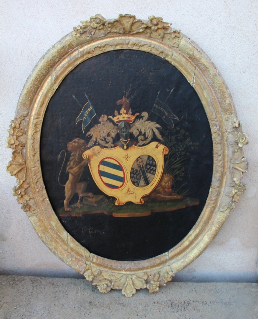 18th Century Oil On Canvas Coat Of Arms Of The Count Of Ludres And De Custine