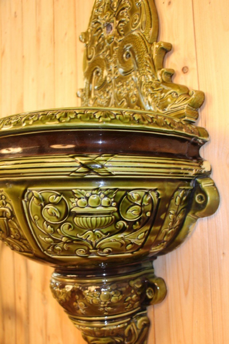 Large Indoor Ceramic Wall Fountain From Sarreguemines 19th Century-photo-7