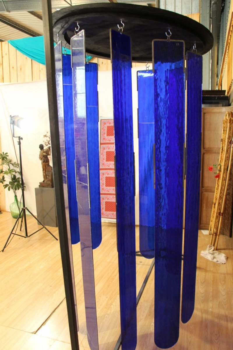 Huge 70s Chandelier In Royal Blue Stained Glass 220 Cm High-photo-6