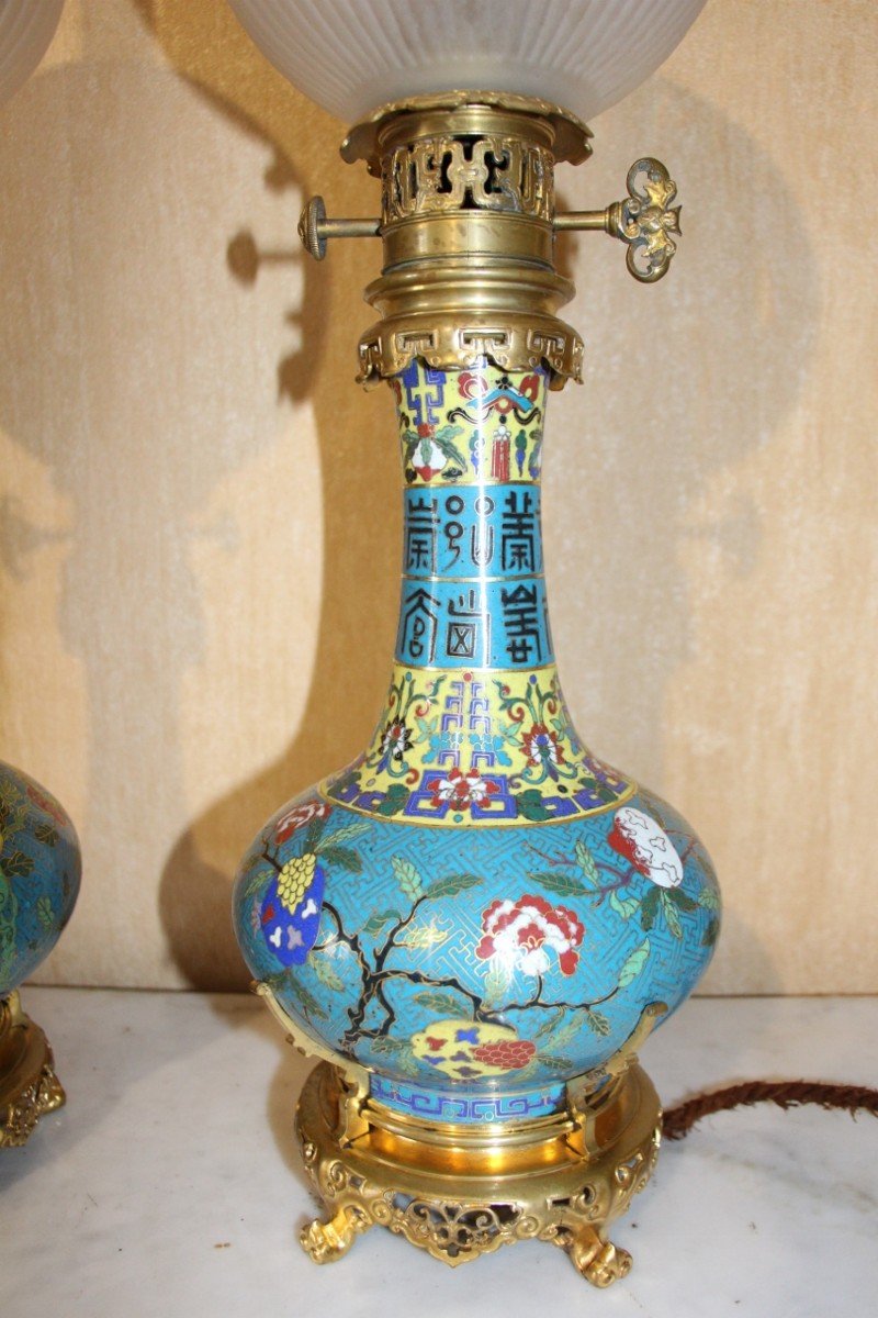 Pair Of Chinese Cloisonné Vases, Mounted As A Kerosene Lamp From Maison Marnyhac-photo-2