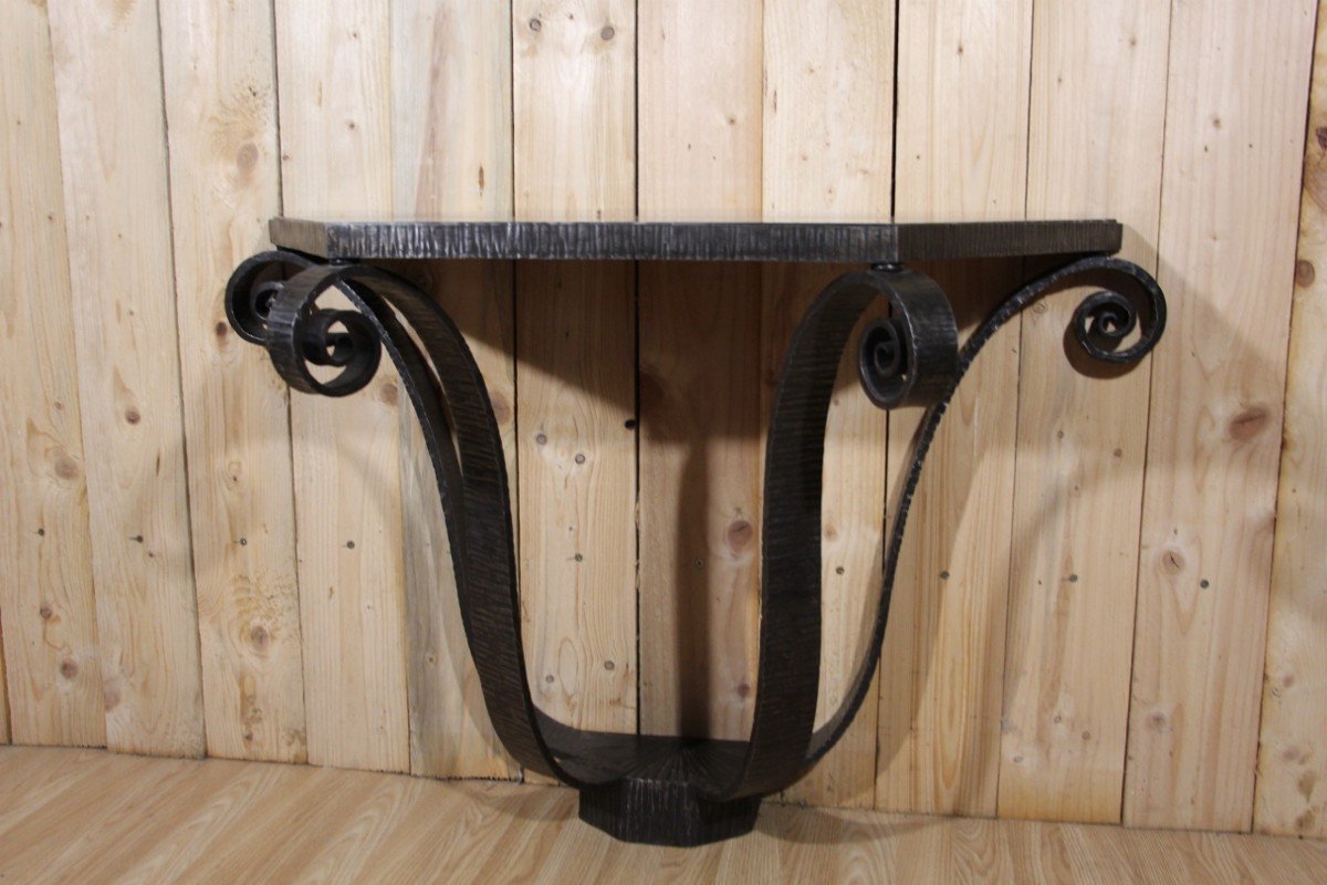 Art Deco Console In Wrought Iron Signed By Raymond Subes -photo-2