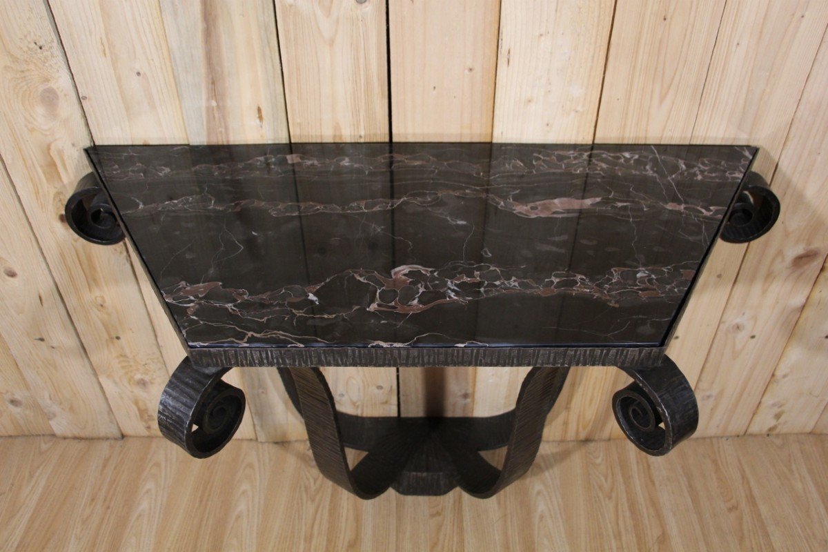 Art Deco Console In Wrought Iron Signed By Raymond Subes -photo-3