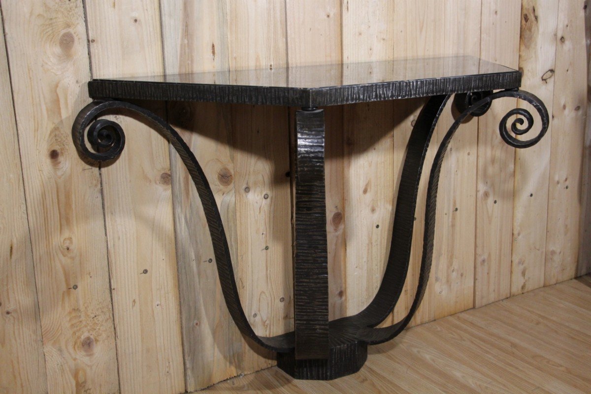 Art Deco Console In Wrought Iron Signed By Raymond Subes -photo-4
