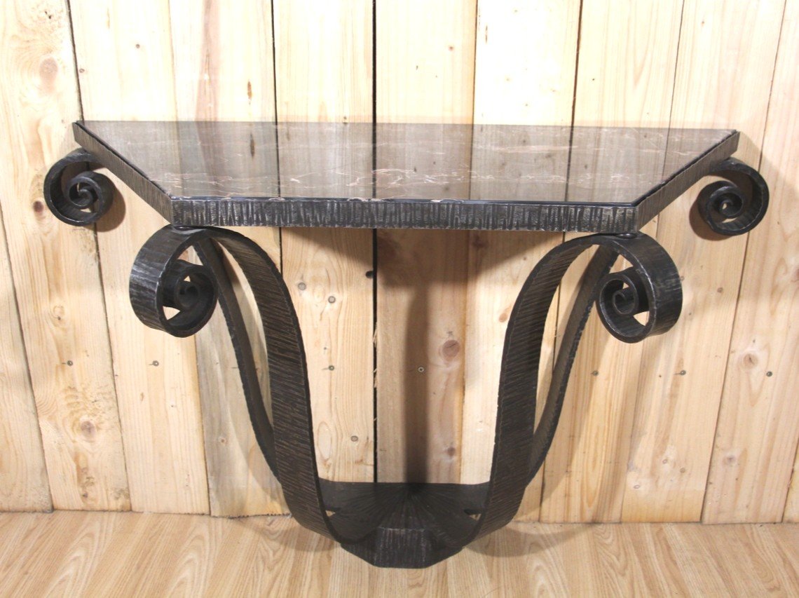 Art Deco Console In Wrought Iron Signed By Raymond Subes 