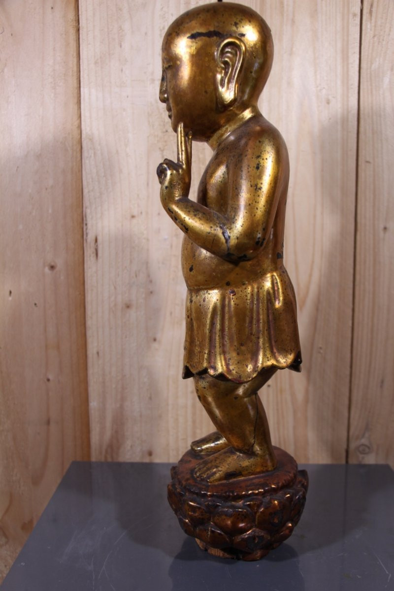 Child Buddha In Gilded Wood, China, Vietnam, Late 19th Century-photo-2