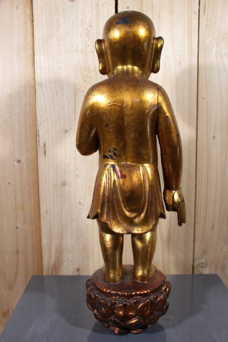 Child Buddha In Gilded Wood, China, Vietnam, Late 19th Century-photo-3