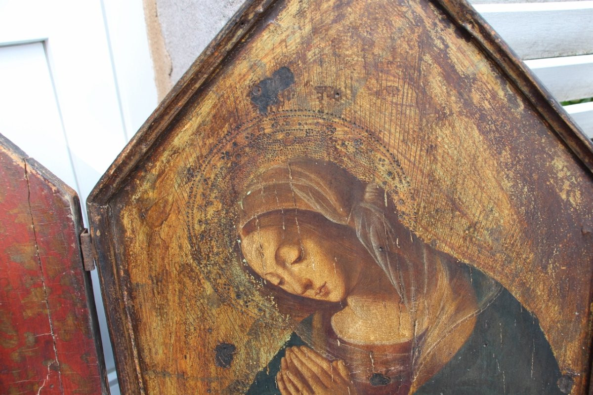 Grand Triptyque Panneau Peint De La Vierge XVIIIeme Italien-photo-2