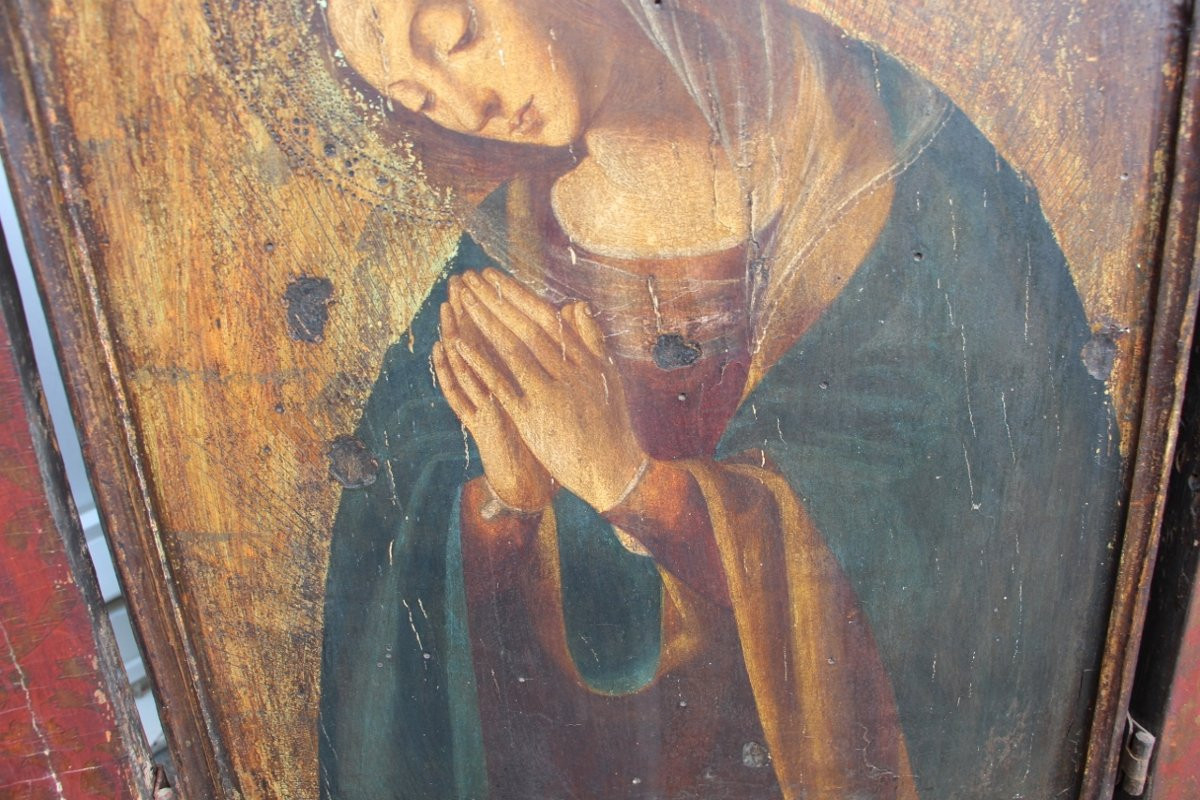 Grand Triptyque Panneau Peint De La Vierge XVIIIeme Italien-photo-3