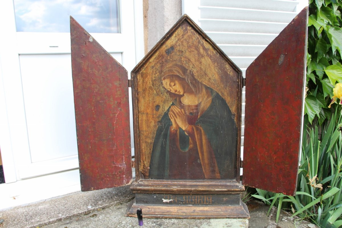 Grand Triptyque Panneau Peint De La Vierge XVIIIeme Italien-photo-5